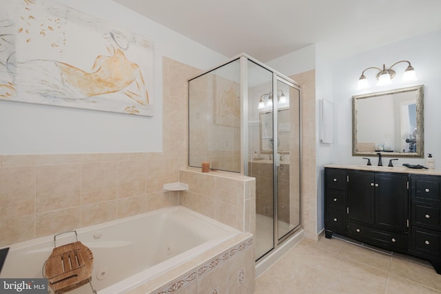 6005 Southward Way, Alexandria, VA 22315 - bathroom featuring a whirlpool tub, a shower stall, vanity, and tile patterned flooring