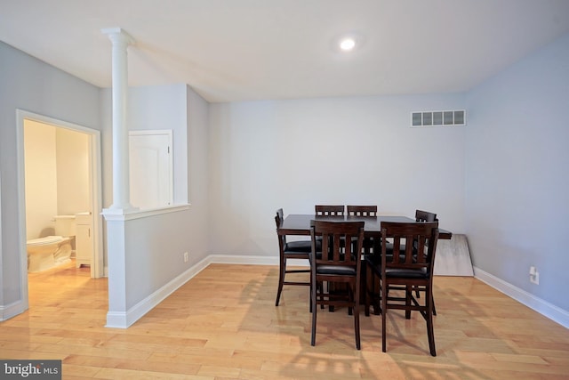 36 Crows Nest Ct, Mount Laurel, NJ 08054 - dining area featuring light wood-style floors, baseboards, and decorative columns