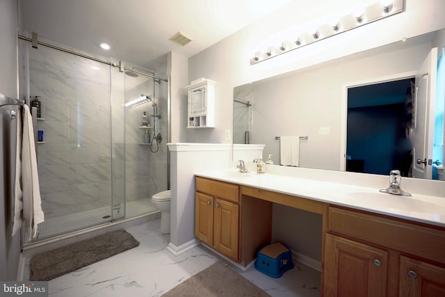 36 Crows Nest Ct, Mount Laurel, NJ 08054 - bathroom with marble finish flooring, a marble finish shower, toilet, double vanity, and recessed lighting