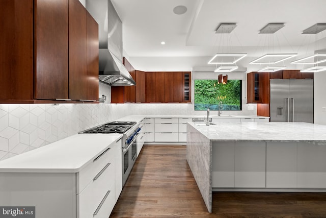 3546 N Utah St, Arlington, VA 22207 - kitchen featuring high end appliances, modern cabinets, glass insert cabinets, island range hood, and recessed lighting