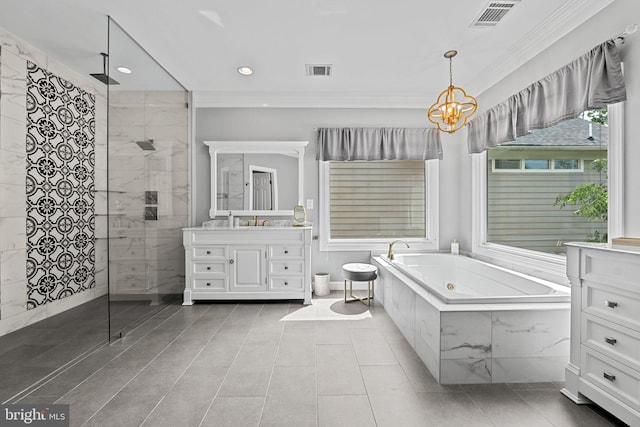 full bath featuring vanity, tiled shower, a chandelier, a whirlpool tub, and recessed lighting