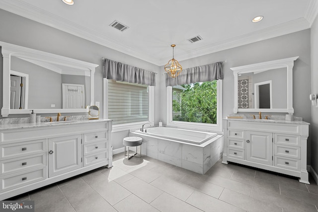 full bath with a chandelier, two vanities, recessed lighting, a garden tub, and tile patterned flooring