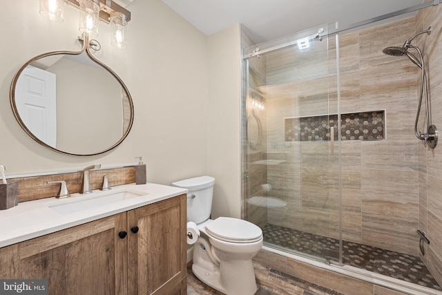 bathroom featuring toilet, a stall shower, and vanity