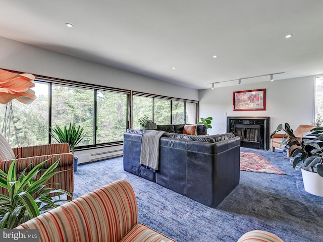 2025 Skyline Rd, Towson, MD 21204 - living room featuring track lighting, plenty of natural light, a high end fireplace, and recessed lighting