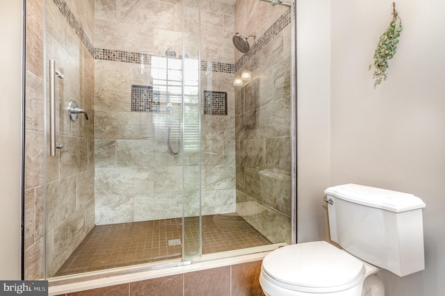 bathroom with a shower stall and toilet
