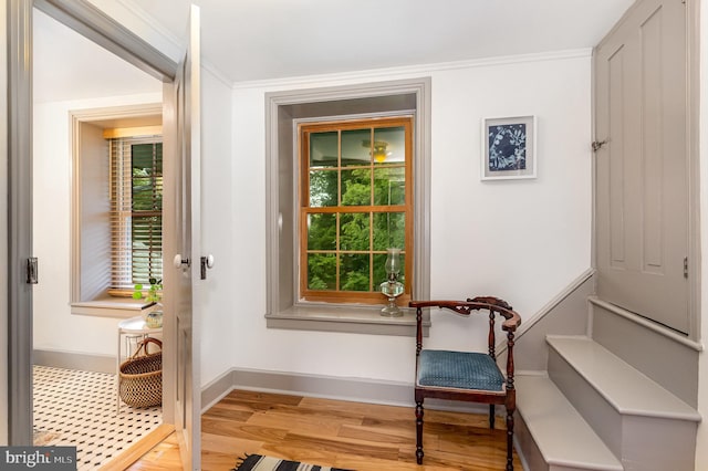 entryway featuring wood finished floors, baseboards, and ornamental molding