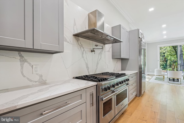 5706 Nevada Ave NW, Washington, DC 20015 - kitchen featuring premium appliances, extractor fan, gray cabinetry, ornamental molding, and decorative backsplash