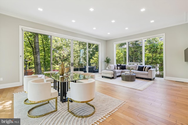 5706 Nevada Ave NW, Washington, DC 20015 - living room with ornamental molding, baseboards, light wood-style flooring, and recessed lighting