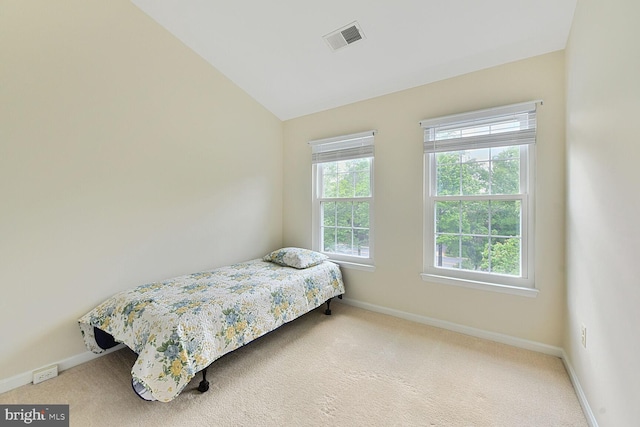 bedroom with carpet flooring, baseboards, and vaulted ceiling