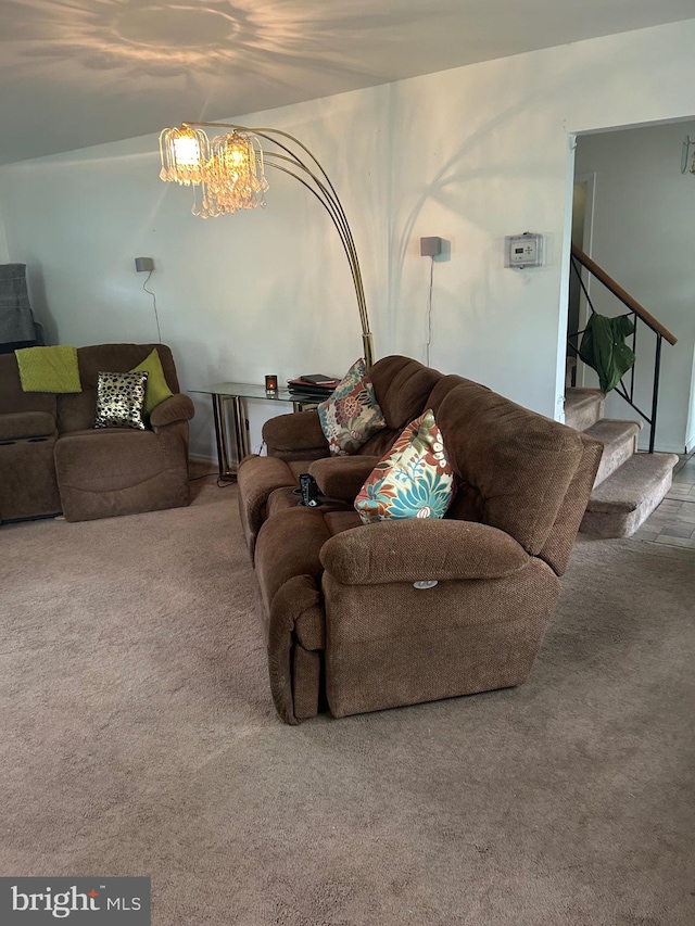 59 Emerald Ln, Willingboro, NJ 08046 - living area with carpet flooring, stairs, and a chandelier