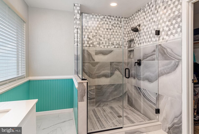 10578 Talisa Ln, Manassas, VA 20112 - full bath featuring a wainscoted wall, a shower stall, marble look tile flooring, vanity, and recessed lighting