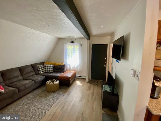 living room with light wood-style flooring, baseboard heating, a textured ceiling, and lofted ceiling