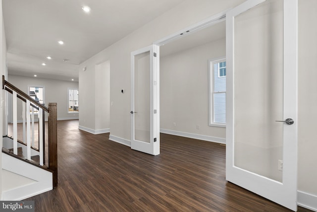 114 Heyford Dr, Stephenson, VA 22656 - entrance foyer featuring dark wood finished floors, stairway, recessed lighting, french doors, and baseboards