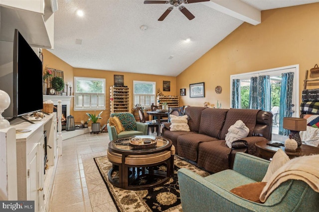 140 Grandview Ave, Hamilton, NJ 08620 - living area featuring ceiling fan, beam ceiling, high vaulted ceiling, a textured ceiling, and inlaid floor details