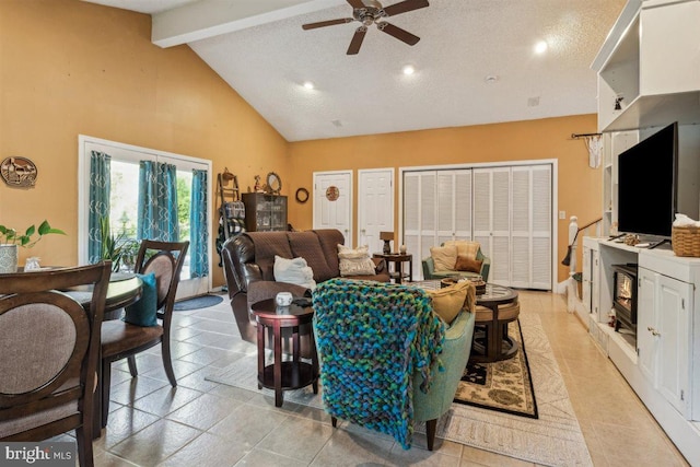 140 Grandview Ave, Hamilton, NJ 08620 - living room with beam ceiling, a ceiling fan, high vaulted ceiling, and recessed lighting