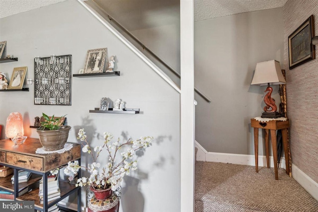 140 Grandview Ave, Hamilton, NJ 08620 - staircase with carpet flooring, baseboards, and a textured ceiling