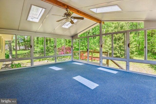1176 Goldfinch Ln, Millersville, MD 21108 - unfurnished sunroom featuring a skylight, lofted ceiling, and a ceiling fan