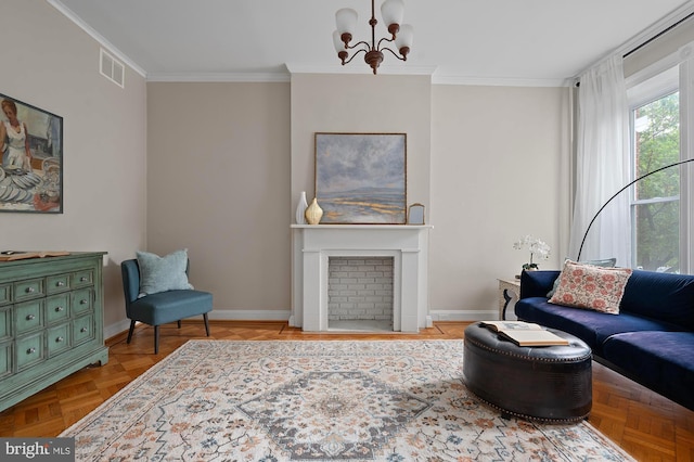2332 E Baltimore St E, Baltimore, MD 21224 - living room featuring crown molding, baseboards, a chandelier, and a fireplace with flush hearth
