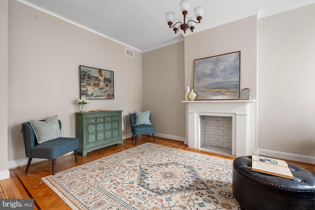 2332 E Baltimore St E, Baltimore, MD 21224 - living area with a chandelier, baseboards, ornamental molding, and a fireplace with flush hearth