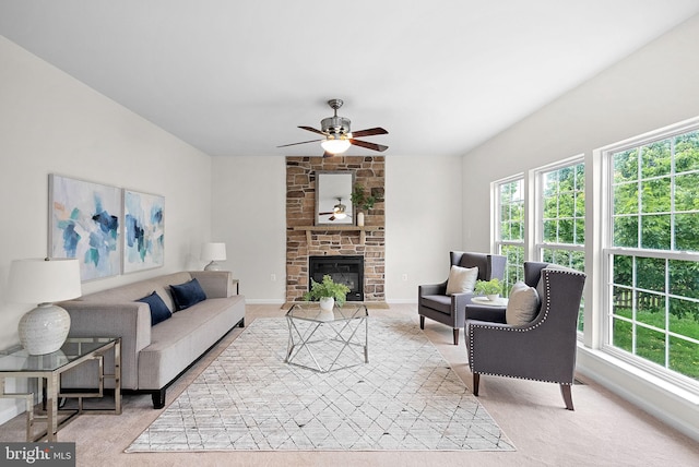 924 Towering Oak Ct, Purcellville, VA 20132 - living room featuring healthy amount of natural light, a ceiling fan, a fireplace, and baseboards