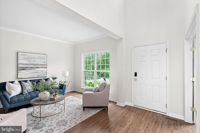 924 Towering Oak Ct, Purcellville, VA 20132 - living area featuring crown molding, wood finished floors, and baseboards