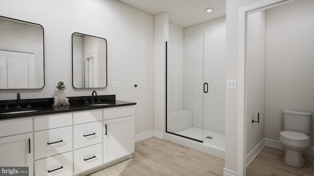 bathroom with wood finished floors, a shower stall, toilet, double vanity, and baseboards