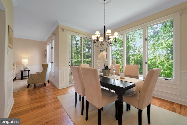 dining room with a chandelier, light wood finished floors, ornamental molding, wainscoting, and a decorative wall