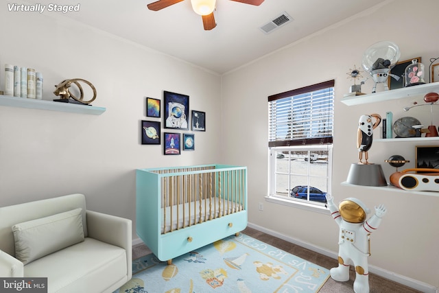 bedroom featuring baseboards, carpet flooring, and ceiling fan