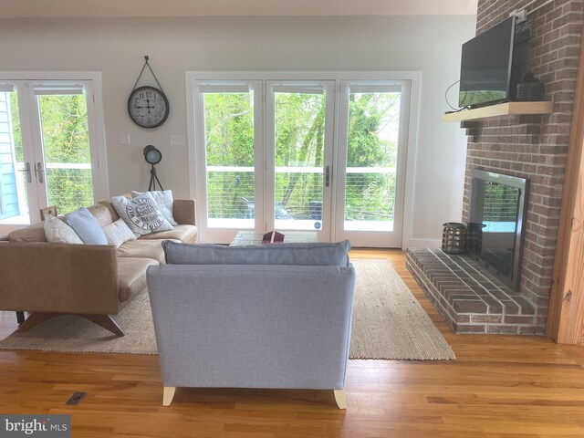 living room featuring a fireplace, healthy amount of natural light, and light wood-style flooring