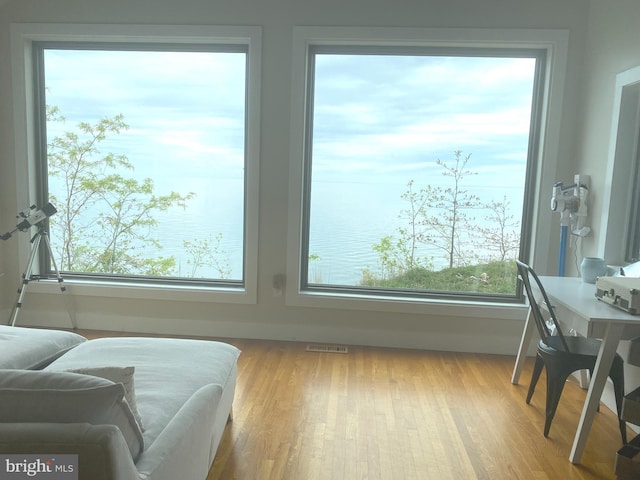 bedroom with wood finished floors and a water view