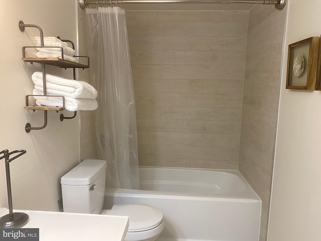 bathroom featuring toilet and shower / bathtub combination with curtain