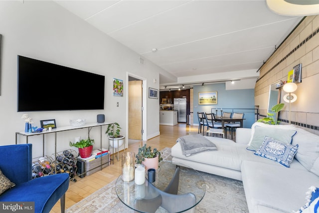 living room featuring rail lighting and wood finished floors