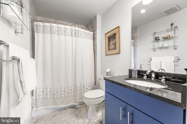 full bathroom featuring toilet, marble look tiles, and vanity