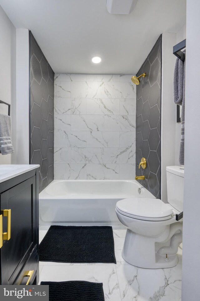 9815 Winands Rd, Randallstown, MD 21133 - bathroom featuring toilet, marble finish floors, recessed lighting, shower / washtub combination, and vanity