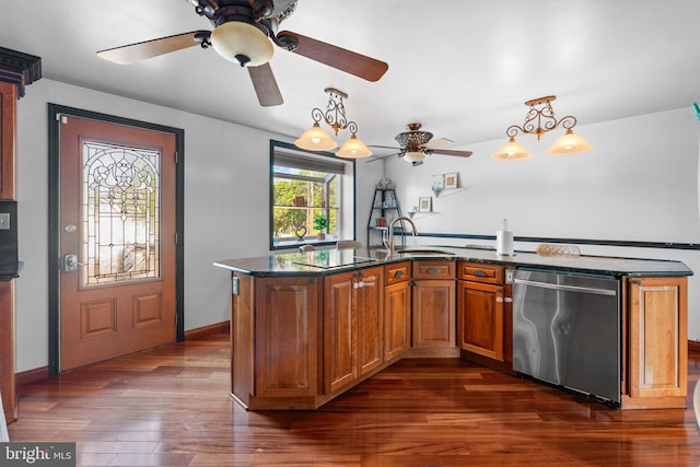 8031 Stratman Rd, Baltimore, MD 21222 - kitchen featuring dishwasher, ceiling fan, a sink, brown cabinetry, and dark wood-style flooring