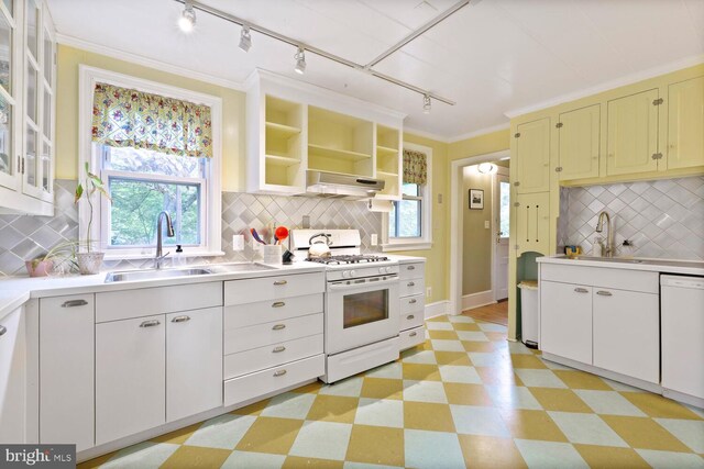 4901 40th Pl, Hyattsville, MD 20781 - kitchen with white appliances, a sink, light flooring, under cabinet range hood, and crown molding