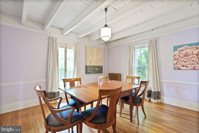 4901 40th Pl, Hyattsville, MD 20781 - dining area featuring baseboards, light wood-style flooring, beamed ceiling, and wooden ceiling