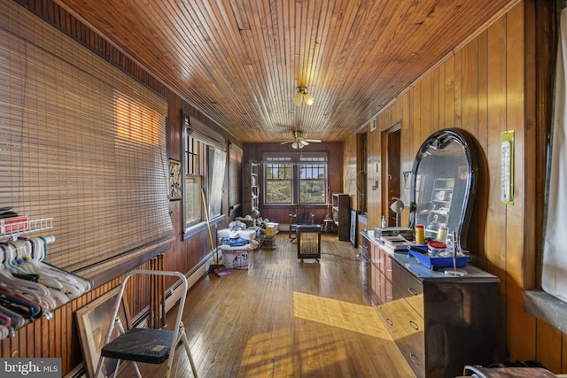 16 N Maple Ave, Smithsburg, MD 21783 - living room with hardwood / wood-style flooring, wooden walls, wooden ceiling, and a ceiling fan