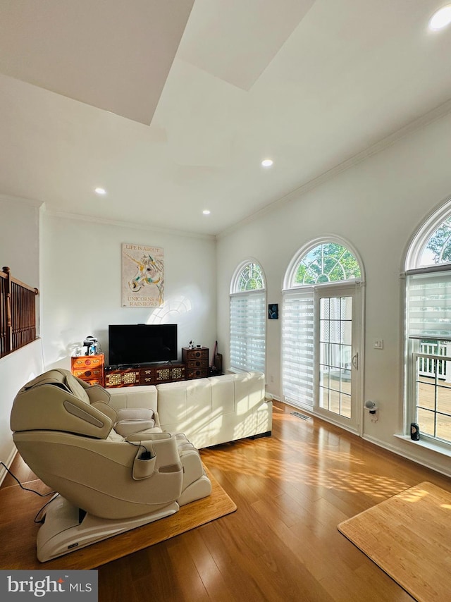living area featuring crown molding, wood finished floors, recessed lighting, and baseboards