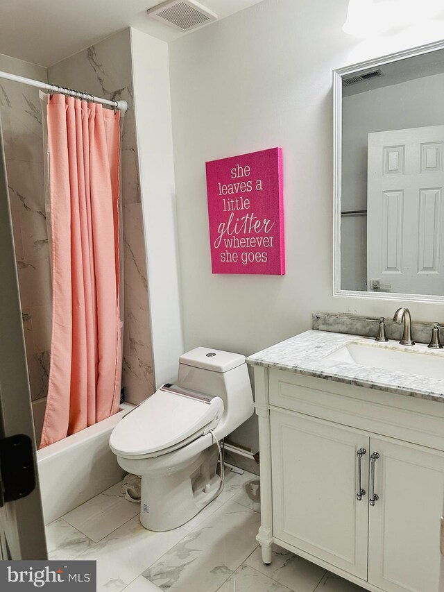 full bathroom with marble look tiles, toilet, vanity, and shower / bath combo with shower curtain