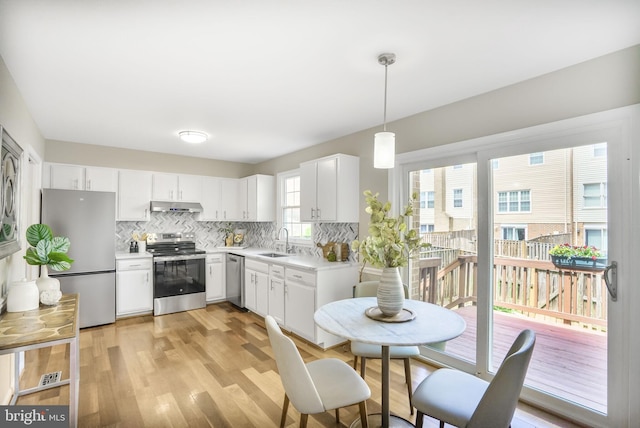 9807 Spillway Ct, Burke, VA 22015 - kitchen with appliances with stainless steel finishes, a sink, under cabinet range hood, light countertops, and backsplash