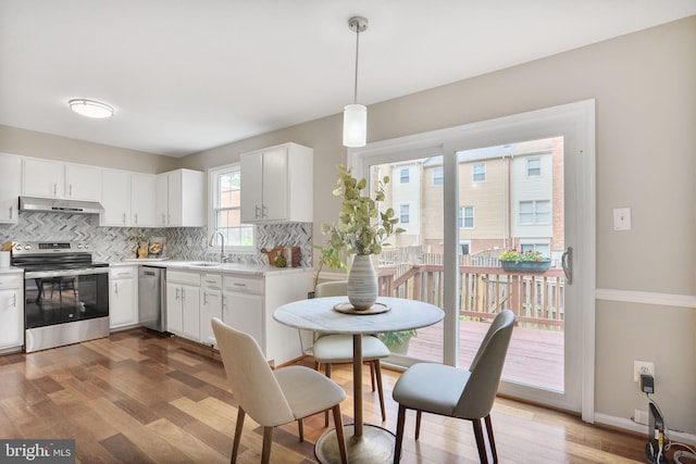 9807 Spillway Ct, Burke, VA 22015 - kitchen with appliances with stainless steel finishes, under cabinet range hood, a sink, tasteful backsplash, and light countertops