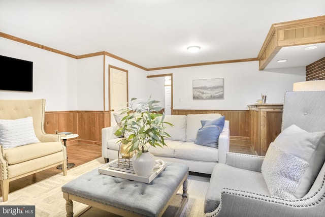 9807 Spillway Ct, Burke, VA 22015 - living room with wainscoting, wood finished floors, wooden walls, and crown molding
