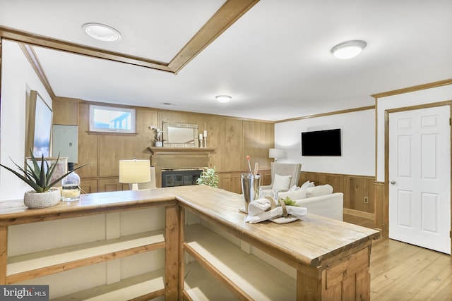 9807 Spillway Ct, Burke, VA 22015 - living area with a glass covered fireplace, wood walls, light wood-style flooring, crown molding, and a wainscoted wall