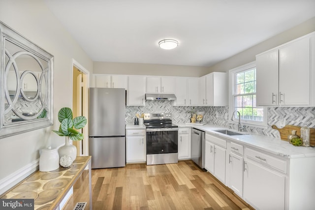 9807 Spillway Ct, Burke, VA 22015 - kitchen with appliances with stainless steel finishes, under cabinet range hood, a sink, and decorative backsplash