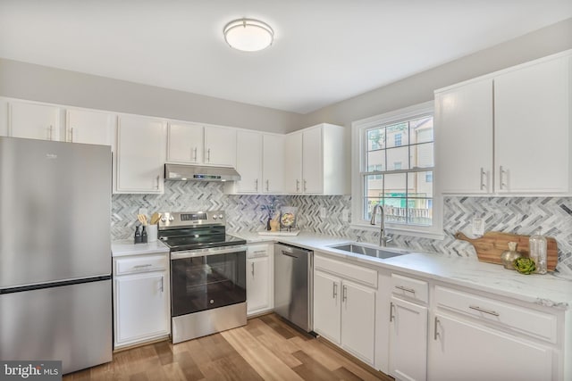 9807 Spillway Ct, Burke, VA 22015 - kitchen with appliances with stainless steel finishes, under cabinet range hood, a sink, white cabinetry, and backsplash