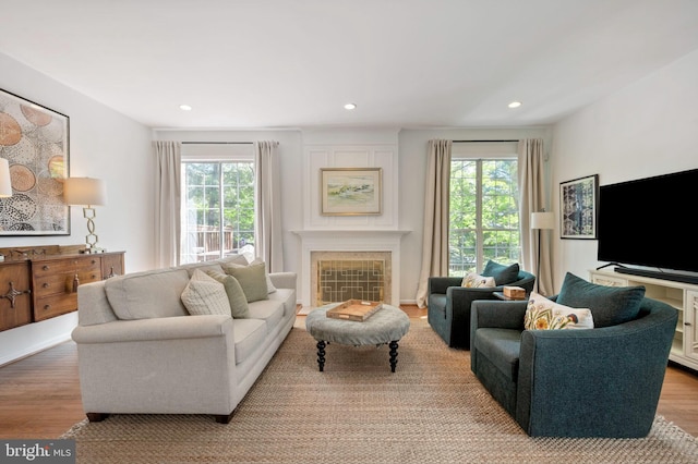 45 Arell Ct, Alexandria, VA 22304 - living room featuring plenty of natural light, light wood-style flooring, a tile fireplace, and recessed lighting