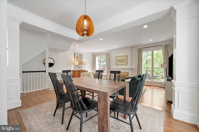 45 Arell Ct, Alexandria, VA 22304 - dining room with ornate columns, light wood finished floors, and recessed lighting
