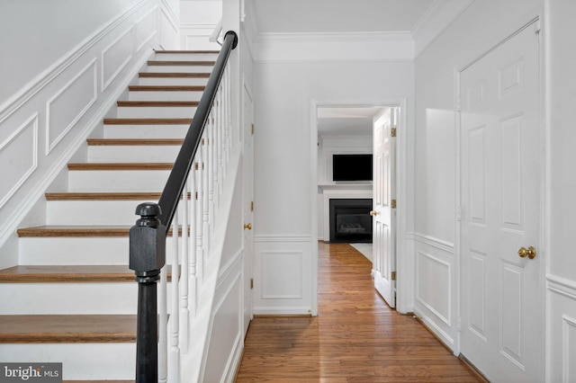 45 Arell Ct, Alexandria, VA 22304 - stairs with a decorative wall, crown molding, wood finished floors, a glass covered fireplace, and a wainscoted wall
