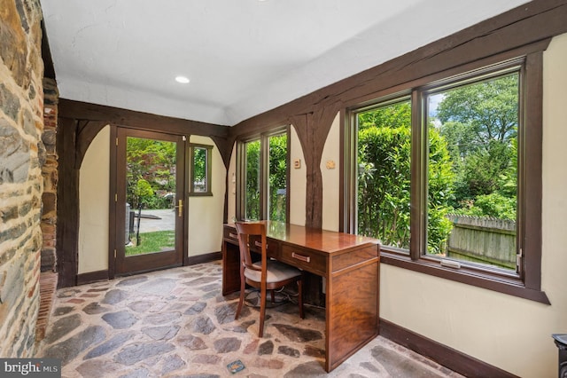 410 Arthurs Round Table, Wynnewood, PA 19096 - home office featuring baseboards, stone floors, healthy amount of natural light, and recessed lighting